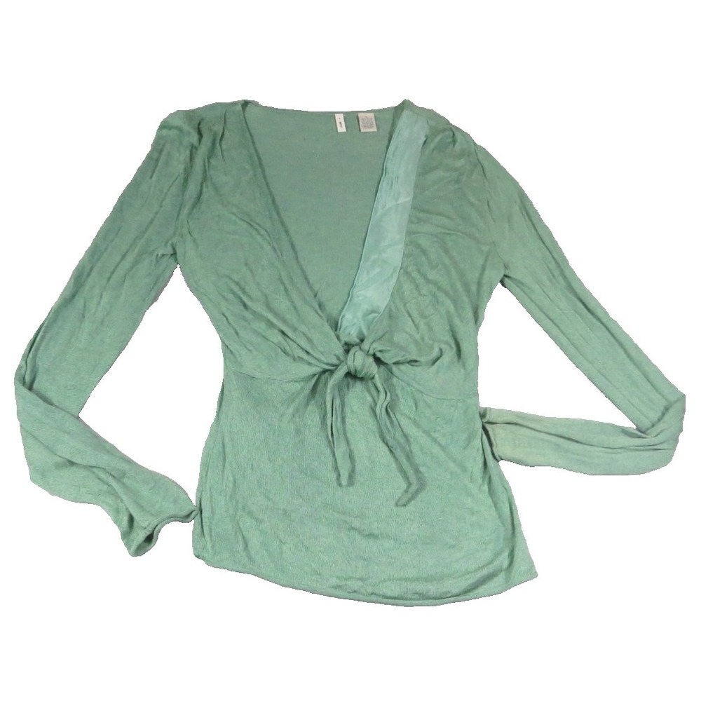 Moth Anthropologie Top L Sage Green Rayon Wool Blend VNeck Tie Front Long Sleeve